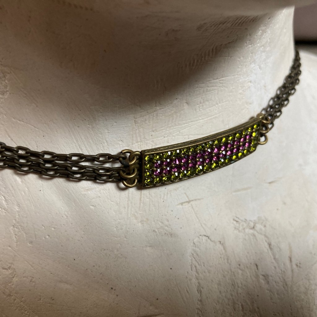 Tammassini Necklace Green And Purple Swarovski Crystal And Chain Choker